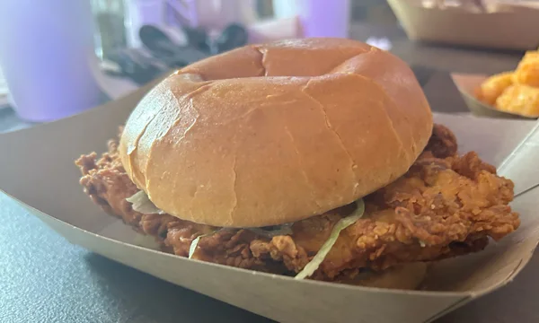 The Prairie Lee. Fried chicken sandwich. Fried great. Crispy and crunchy. Comes with lettuce and pickles.